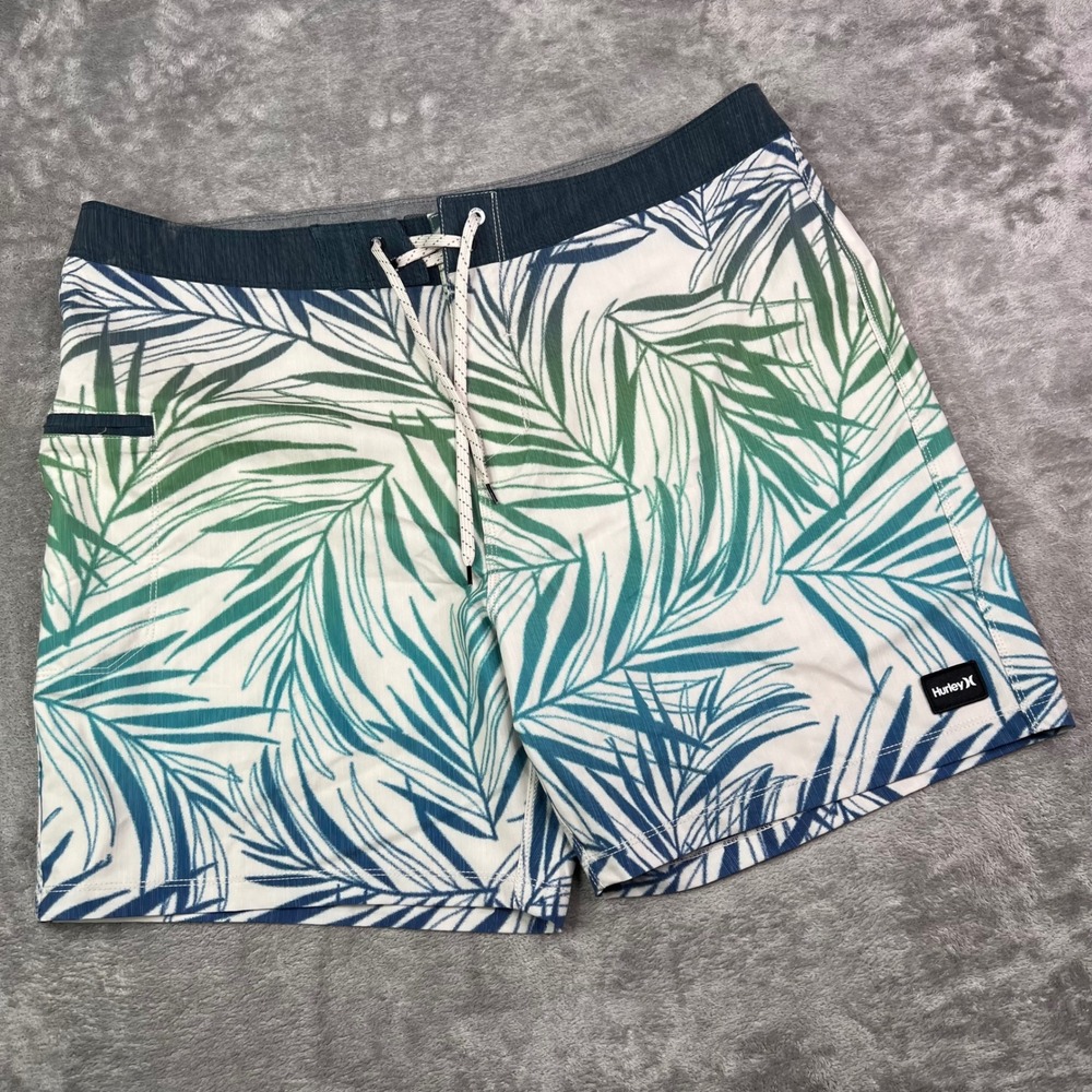 Hurley Phantom Board Shorts Mens 38 White Blue Green Palm Leaf Tropical Print